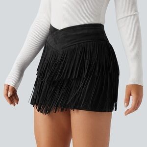 Halara Crossover Fringe Mini Skirt Sz XS | Black | Built-In Shorts | Party Skirt